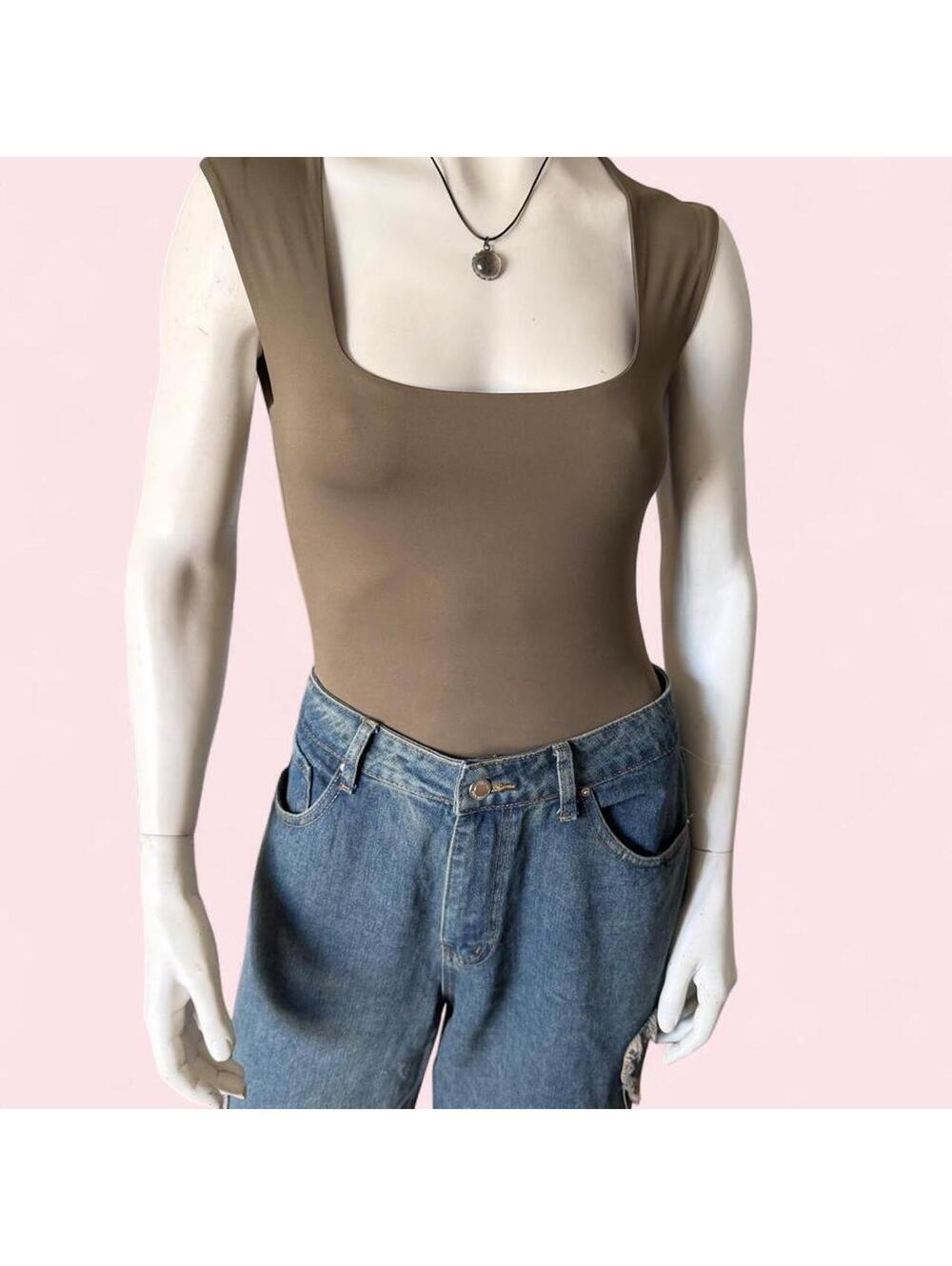 NWT Lizette Collection Olive Brown Sleeveless Square Neck Tank Bodysuit L